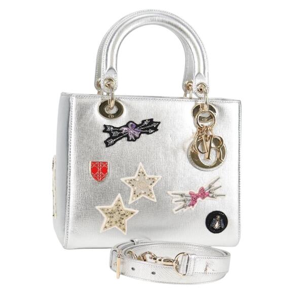 DIOR Lady DIOR Hand Bag Leather Silver Gold - Picture 1 of 14